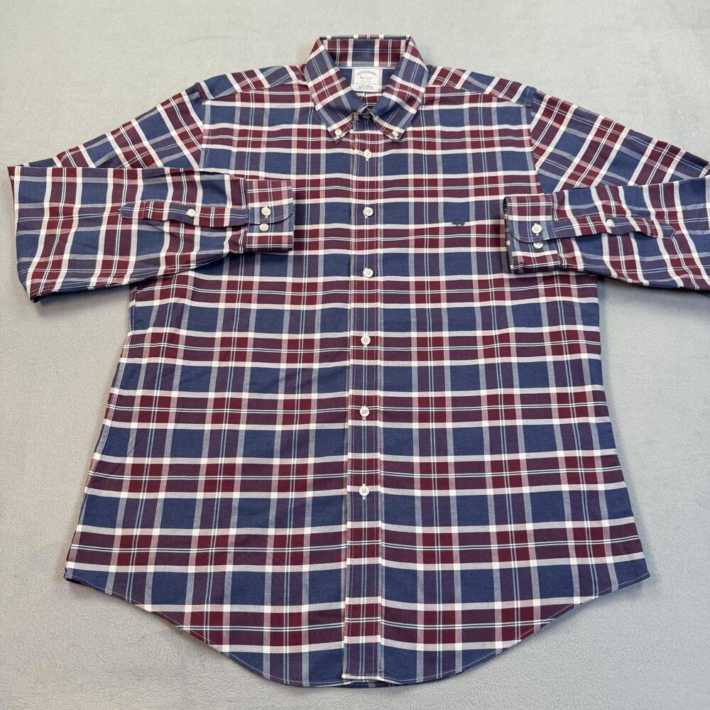 Brooks Brothers Shirt Mens Large Blue Red Plaid Regent Non Iron Logo Cotton